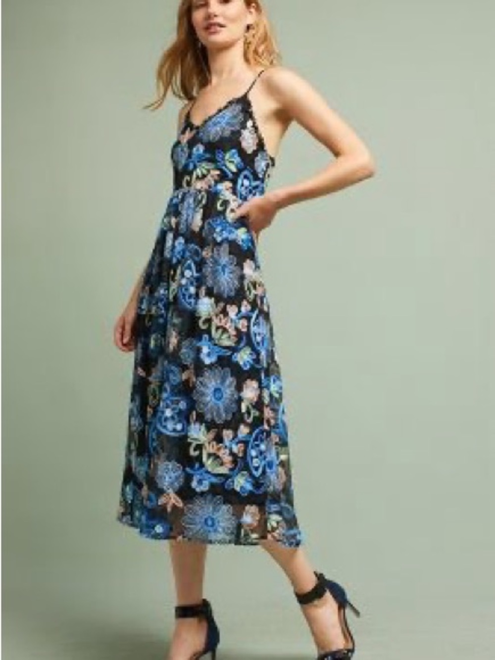 Anthropologie Black Midi Dress with Blue Floral Embroidery